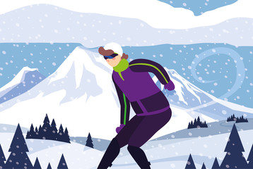 Poster - man with mountain ski in landscape with snowfall