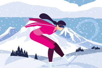 Sticker - woman ice skating in landscape of winter