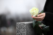 Woman holding white rose near grey granite tombstone outdoors, closeup. Funeral ceremony