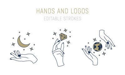 Vector logo templates in trendy minimal style. Abstract hand drawn logo set with hands, moon, stars, diamond and earth. Perfectly use for jewellery, cosmetics, beauty and hand crafted products. 