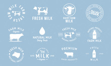 Dairy And Milk Products Labels, Emblems And Logos. Milk Logo Set With Cow Silhouette, Milk Drop, Bottle. Trendy Vintage Design. Vector Illustration