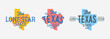 Set of 3 colorful vintage Texas labels. Print for T-shirt, typography. Texas map with stamp effect. The Lone Star State. Vector illustration