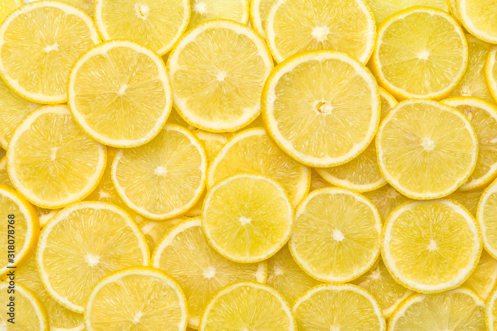 Fresh lemon slices pattern backgrond, close up - obrazy, fototapety, plakaty 