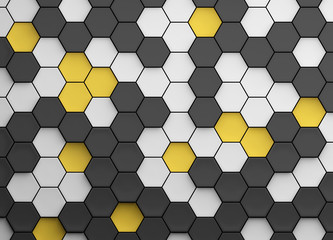 Hexagon background design with black, white and yellow fields; abstract honeycomb grid pattern 3d rendering, 3d illustration