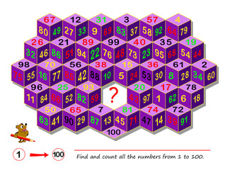 Wall Mural - Logic puzzle game for smartest. Find and count all the numbers from 1 to 100. Task for attentiveness. Printable page for brain teaser book. Developing spatial thinking and counting skills.