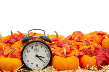 Wall Mural - Retro alarm clock with orange pumpkins with fall leaves on straw hay isolated over white