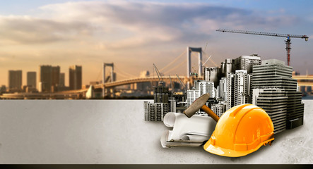 Poster - Innovative architecture and civil engineering building construction project. Creative graphic design showing concept of infrastructure city building by professional architect, worker and engineer.