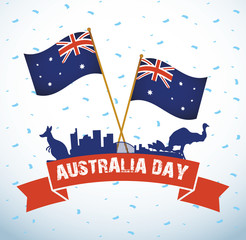 Wall Mural - australia day celebration with silhouette animals and flags