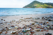 Garbage On Beach, Environmental Pollution Koh Phangan Island Thailand. Tropical Beach Pollution