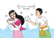 Cartoon cute Songkran festival Thailand, Young girl and boy Thai dress playing water  vector.