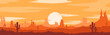 Vector illustration of sunset desert panoramic view with mountains and cactus in flat cartoon style.