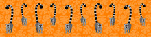 Seamless Pattern With Cute Lemurs On Orange Background With Monstera Leaves. Tropical Print. Horizontal Orientation. Flat Vector Illustration.