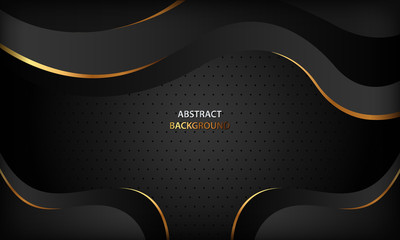 Abstract black luxury wave background with golden line elements. Modern and elegant paper cut style design template. Fluid dynamic composition for banner, flyer, cover and card.