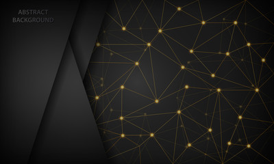Abstract 3D black techno background overlap layer on dark space with futuristic golden network shape decoration. Modern graphic design template elements for banner, card, flyer and brochure.