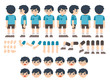 Mascot creation kit of little boy for different poses . Vector constructor with various views, emotions, poses and gestures. Schoolboy character creation set.