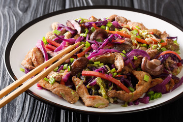 Wall Mural - Chinese cuisine pork moo shu with vegetables and mushrooms close-up in a plate. horizontal