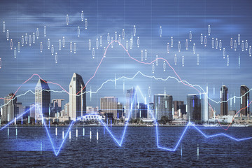 Forex chart on cityscape with skyscrapers wallpaper multi exposure. Financial research concept.