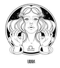 Wall Mural - Illustration of Libra astrological sign as a beautiful girl. Zodiac vector drawing isolated in black and white. Future telling, horoscope, alchemy, spirituality. Coloring book for adults.