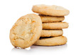 © DenisMArt - White chocolate biscuit cookies on white background.