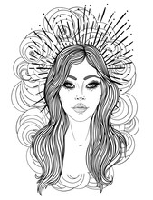 Magic Night Fairy. Hand Drawn Portrait Of A Beautiful Shaman Girl With Angel Wings. Alchemy, Religion, Spirituality, Occultism, Tattoo Art. Isolated Vector Illustration. Coloring Book Page For Adults