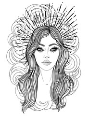 Sticker - Magic night fairy. Hand drawn portrait of a beautiful shaman girl with angel wings. Alchemy, religion, spirituality, occultism, tattoo art. Isolated vector illustration. Coloring book page for adults