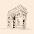 Triumphal Arch in Paris France. Pencil sketch on a beige background.