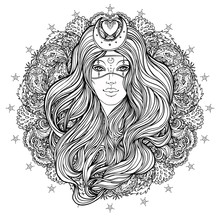 Moon Princess. Tribal Fusion Boho Diva. Beautiful Divine Girl With Crescent Tiara And Venetian Mask. Bohemian Goddess. Hand Drawn Elegant Illustration.