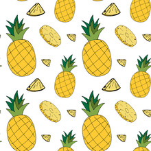 Seamless Pattern With Hand Drawn Yellow Pineapple Fruits On White Background. Illustration For Fabric, Textile, Wrapping Paper And Other Decoration Design.