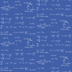 The calculation of the trajectory of a missile. Physics mathematical formula equation, doodle handwriting icon in blueprint seamless pattern with hand drawn model, create by vector. Vintage blueprint.