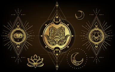 Wall Mural - Vector ornamental Lotus flower, ethnic art, patterned Indian paisley. Hand drawn illustration isolated. Invitation. Golden stickers, flash temporary tattoo, mehndi symbol. Gold gradient over black.