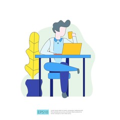 Poster - businessman working at a laptop computer in the workplace desk office. Business illustration concept for remote work or freelance with man character. Vector illustration in flat style.