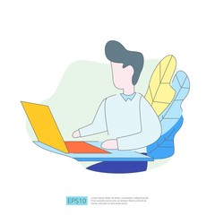 Poster - businessman working at a laptop computer in the workplace desk office. Business illustration concept for remote work or freelance with man character. Vector illustration in flat style.