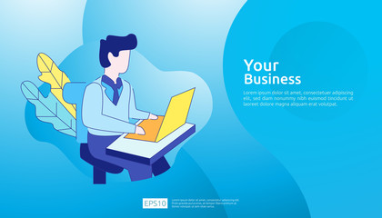 Poster - businessman working at a laptop computer in the workplace desk office. Business illustration concept for remote work or freelance with man character. Vector illustration in flat style.