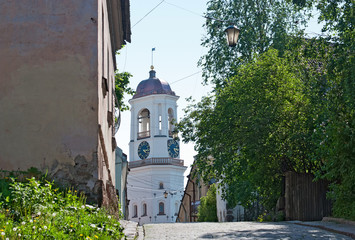 Wall Mural - Old Clock Tower on The Fortress Street. Vyborg. Leningrad Region. Russia