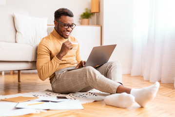 Poster - Happy Student Studying And Having Coffee At Home, Selective Focus
