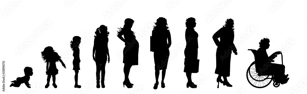 Vector silhouette of woman in different age on white background. Symbol of generation from child to old person. - obrazy, fototapety, plakaty 