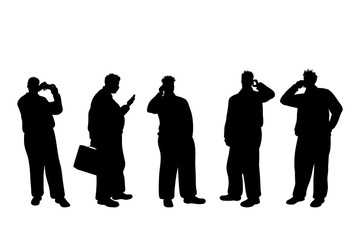 Poster - Vector silhouette of obese middle age men on white background. Symbol of businessman with cell phone in different pose.