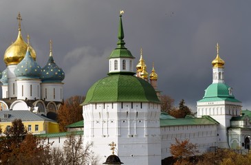 Architecture of Trinity Sergius Lavra, Sergiyev Posad, Russia. Color photo.	