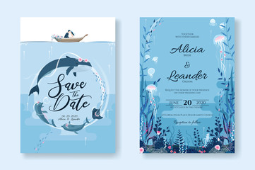 Wall Mural - Set of wedding cards, Invitation, save the date template. Sealife, Under the sea image. Vector.