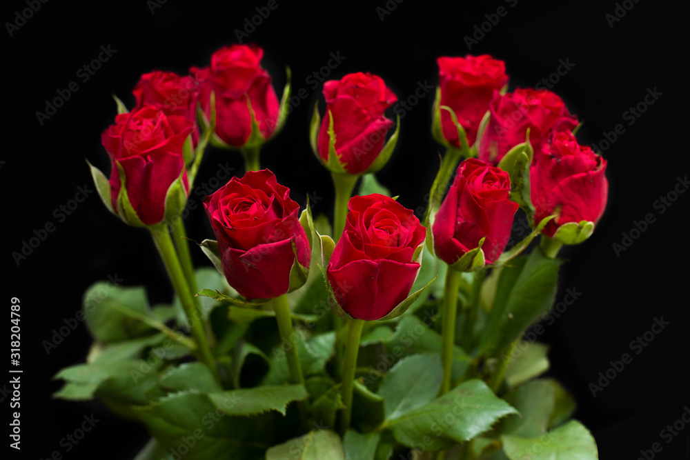 Obraz na płótnie czerwone róże w bukiecie na walentynki na czarnym tle w salonie