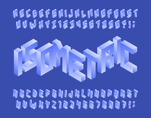 Poster - isometric alphabet font. simple 3d geometric letters and numbers in blue. stock vector typescript fo