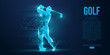 Silhouette of a golf player, golfer from particles on blue background. All elements on a separate layers color can be changed to any other. Low poly neon wire outline geometric. Vector illustration
