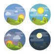 Set of round four times of day icons: morning, day, evening, night. Stock vector illustration. Isolated on white background.