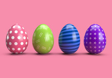 3d Rendering Of Colourful Decorated Chocolate Cartoon Easter Eggs For Use In Easter Designs, On Pink Background
