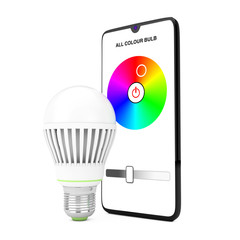 Poster - Smart LED Bulb Controlled by Mobile Phone Smartphone. 3d Rendering