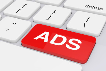 Poster - red ads key on white pc keyboard. 3d rendering