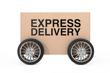 Aufkleber - Logistics, Shipping and Delivery concept. Cardboard Parcel Box with Wheels and Express Delivery Sign. 3d Rendering