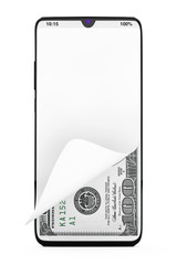 Poster - Dollars Bills Money under Front Glass Display of Modern Mobile Phone. 3d Rendering