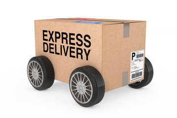 Aufkleber - Logistics, Shipping and Delivery concept. Cardboard Parcel Box with Wheels and Express Delivery Sign. 3d Rendering