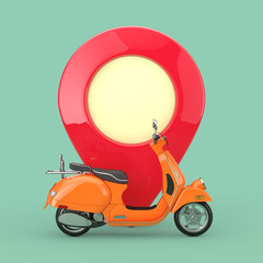 Poster - Orange Classic Vintage Retro or Electric Scooter in front of Map Pointer Pin. 3d Rendering